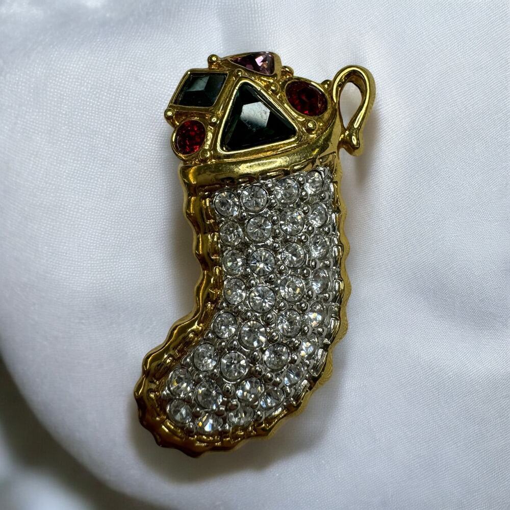 Vintage Swarovski Swan Signed Gold Plated Colorful Christmas Stocking Brooch